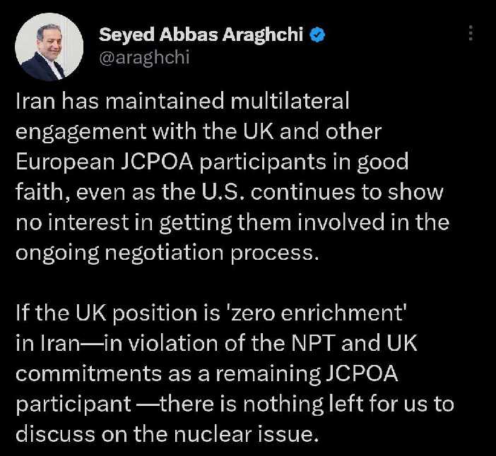 چنانچه موضع بریتانیا غنی سازی صفر در ایران باشد،موضوعی بین ما برای گفت‌وگو درباره پرونده هسته‌ای باقی نمی‌ماند
