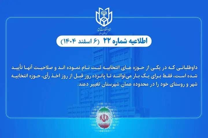 اطلاعیه شماره ۲۲ ستاد انتخابات کشور؛  امکان تغییر حوزه انتخابیه داوطلبان انتخابات شوراهای اسلامی شهر و روستا