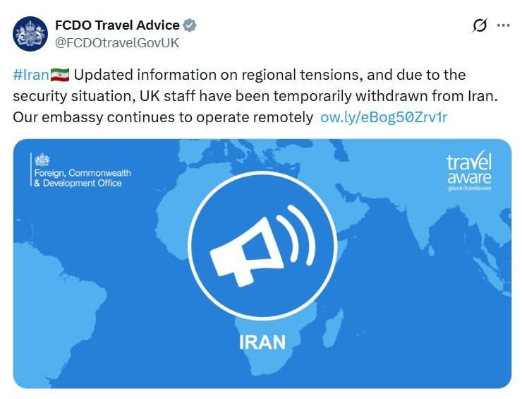 انگلیس از خروج موقت دیپلمات‌هایش از ایران خبر داد